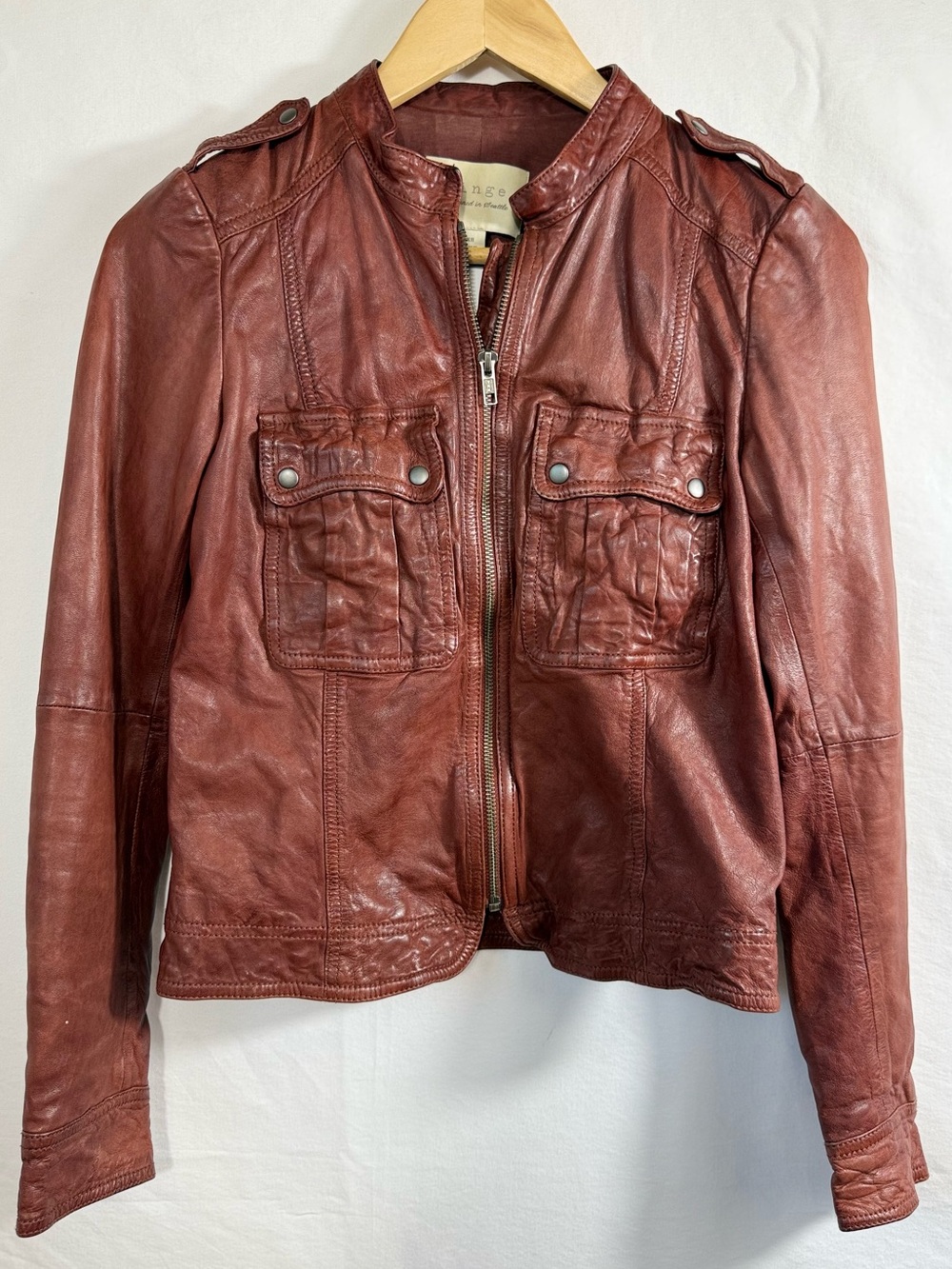 hinge Red-Brown Leather Moto Jacket with Chest Pockets